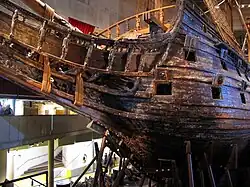 A side view of the bow of the warship Vasa.