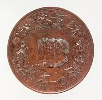 A bronze medal of considerable complexity, with a series of allegorical figures surrounding the central busts of four men, the victorious generals at Waterloo