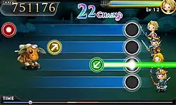 The foreground shows four horizontal track lines with three types of notes flowing from left to right towards trigger marks. In the background, four characters and a enemy, all in super-deformed style, engage in battle, positioned on the right and left, respectively.