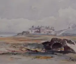 A watercolor painted in 1879 by Hodge of the Swilcan bridge at the Old Course, St Andrews