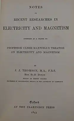 Title page to Notes on Recent Researches in Electricity and Magnetism (1893)