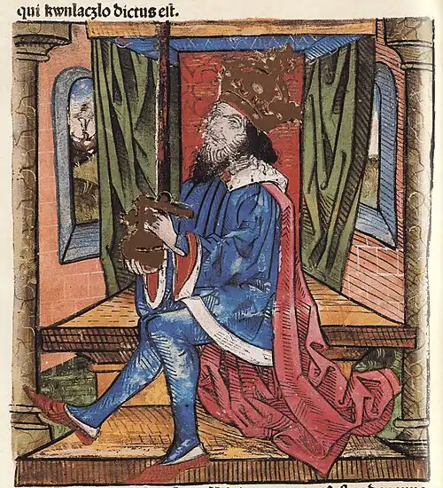 Chronica Hungarorum, Thuróczy chronicle,King Ladislaus IV of Hungary, throne, crown, orb, scepter, medieval, Hungarian chronicle, book, illustration, history