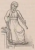 Tibi'cen (αὐλητης), tibia pipers, formed professional corporation, played at festivals and religious "solemnities."[2] The musician wears a capistrum (also called phorbeiá and peristomion), a band that covered the musician's mouth and cheeks; the band supported the musician's cheeks as he breathed through the nose (pushing air through his cheeks, even as he breathed in).[5]