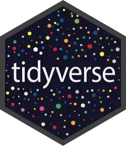 A black hexagon logo with the word "tidyverse" in white letter in the middle, while having smaller colorful hexagons throughout the larger black hexagon logo