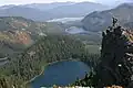 View from Tinkham Peak looking east-southeast. Cottonwood Lake (left), Mirror Lake (bottom), Lost Lake (right of center), Keechelus Lake (top).
