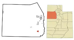 Location of Vernon within Tooele County and Utah