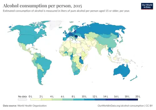 A map of the world with countries sorted by the number of liters of alcohol that were consumed per person in 2015. Russia is in the 10–12-liter range.