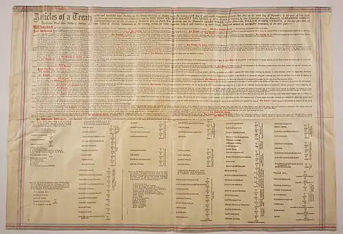 A large piece of parchment paper with detailed, small text of the treaty.