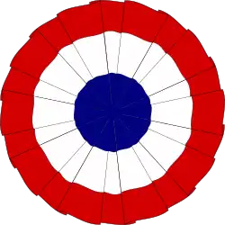 The cockade of France, designed in July 1789. White was added to "nationalise" an earlier blue and red design.