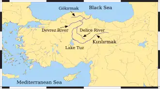 A riverine map centred on modern Turkey, four rivers are highlighted in dark blue and a lake in light blue