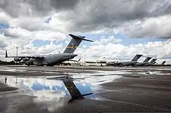 US Air Force C-17 Globemaster III aircraft assigned to the 437th Airlift Wing sit on the flight line at Joint Base Charleston during 2013. 2013.