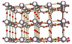 Ball and stick model of layered crystal structure containing two types of atoms.