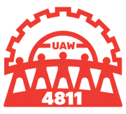 The UAW 4811 logo: in red, a gear rising over silhouetted figures holding hands.