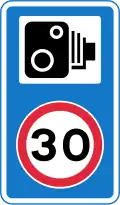 Speed camera ahead with reminder of 30&nbsp;mph (48&nbsp;km/h) speed limit