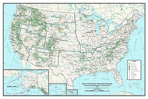 A map of the United States showing the locations of the National Forests and National Grasslands