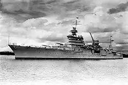 A large, gray warship at sea