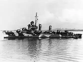 USS Meredith at Suva, Fiji Islands, 23 June 1942, in dazzle camouflage.