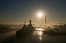 USS&nbsp;Texas and the Monument seen at sunrise in late 2007