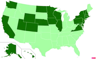 States in the United States by median family household income according to the U.S. Census Bureau American Community Survey 2013–2017 5-Year Estimates.[277] States with median family household incomes higher than the United States as a whole are in full green.