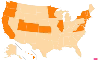 States in the United States by the percentage of the over 25-year-old population with bachelor's degrees according to the U.S. Census Bureau American Community Survey 2013–2017 5-Year Estimates.[276] States with higher percentages of bachelor's degrees than the United States as a whole are in full orange.