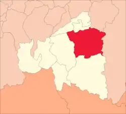 A map showing the location of Ambo in Ambo Province. Ambo itself is coloured in red, and Ambo Province is pale yellow. The surrounding provinces are rendered in pale peach and dark peach.