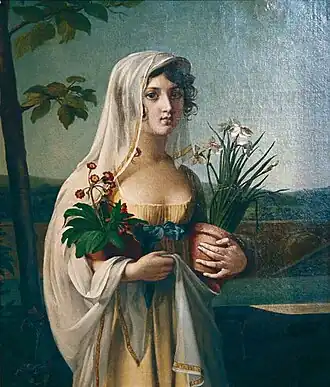 Portrait of a young lady with two vases of flowers by Marie-Guillemine Benoist