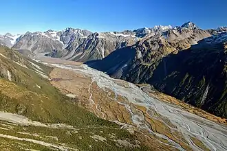 East aspect of Lauper Peak in upper right above Rakaia River Valley.