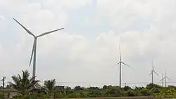 Close-up view of the turbines at Uppudaluwa Wind Farm.