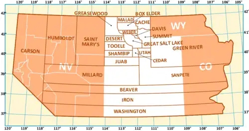 Map of Utah Territory showing county names and boundaries