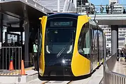 Utsunomiya Light Rail HU300 series branded "Lightline" at Utsunomiya Station East