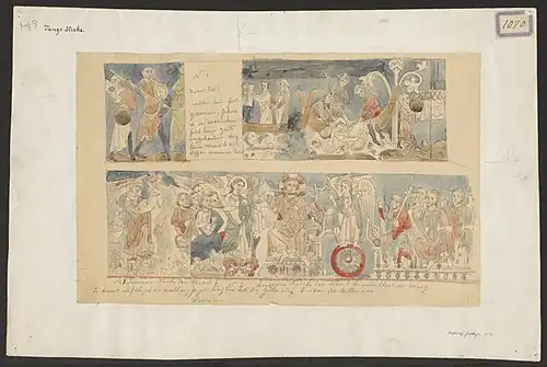 Painted decorations on the wall: Throne Christ with sword pierced through cheeks, St.Hallvard legend