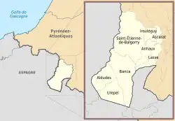 A color map highlighting a magnified section of the border between Spain and France.