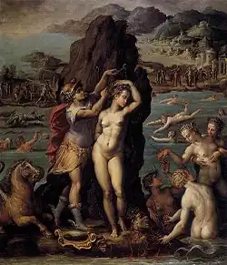 Perseus saving Andromeda while Medusa's severed head bleeds into the sea