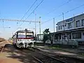 Veľké Kapušany train station, with a ZSSK Class 812 DMU