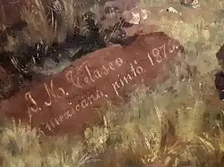 Velasco's signature on a rock in the painting