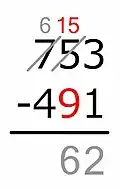 15 − 9 = ... Now the subtraction works, and we write the difference under the line.