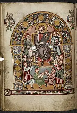 8th century A.D., England, Vespasian Psalter. Hunting horns played with trumpets and lyre. Palms of players covering ends of horns to change the notes.