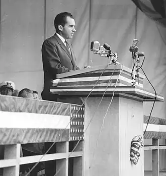 Vice-President Richard Nixon speaking at The Dalles Dam dedication in 1959