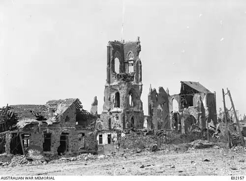 Ruins of the church after the second battle of Villers-Bretonneux in 1918