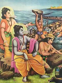 A 20th-century painting depicting a scene from Ramayana, wherein monkeys are shown building a bridge to Lanka