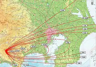 Distribution of volcanic cinders and ash falling across central Honshū after the eruption of Mount Fuji in 1707 (Hoei 4).