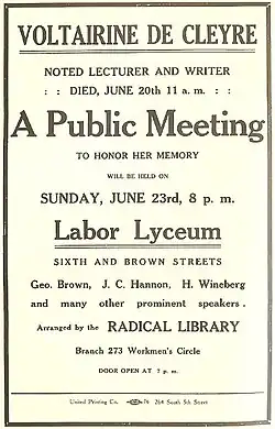 Memorial poster advertising a commemoration of Voltairine de Cleyre