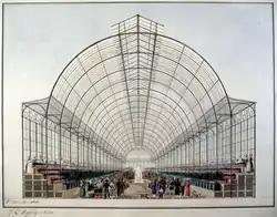 Baron Frédéric Chassériau, "Vue intérieure du projet d'un marché aux fleurs et aux fruits, quai aux Fleurs" (1828), dessin conservé au musée Carnavalet, Paris