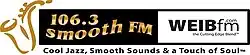 A stylized golden saxophone next to two boxes. To the right, a black box has gold letters "106.3 Smooth FM". A white box trimmed in black next to it reads "WEIB FM, The Cutting Edge Blend". The station's slogan is beneath: "Cool Jazz, Smooth Sounds & a Touch of Soul".