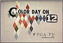 A station ID slide, mostly an off-white color but with tiled color accents, with the text "Color Day on" next to a 12 inside a superellipse shape recalling an old television tube. The text "W F G A – T V Jacksonville" is on two lines in an italic serif in the lower right.