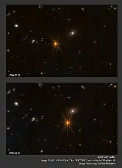 JWST NIRCam observation of W0855 (orange "star" at the center) showing the movement over about half a year.