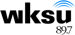 Two lines of black text, the top line reads "wksu" in a boldened sans serif typeface with three blue half-circles placed on top of the "u" to represent radio waves; the bottom line reads "89.7" in a serif font.