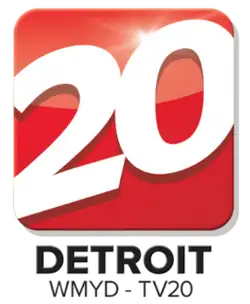 A white angled 20 in a sans serif inside a red shiny rounded rectangle. Underneath in two lines are the words "Detroit" in bold and "WMYD-TV20" in smaller, thinner text.