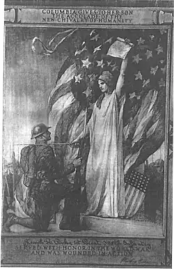 Lady Columbia recognized World War I Doughboy soldier as having suffered injury due to his willingness to serve humanity.