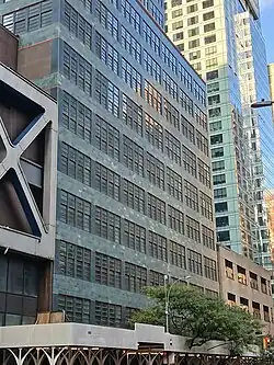 The base of 330 West 42nd Street's facade on 42nd Street, seen in 2024